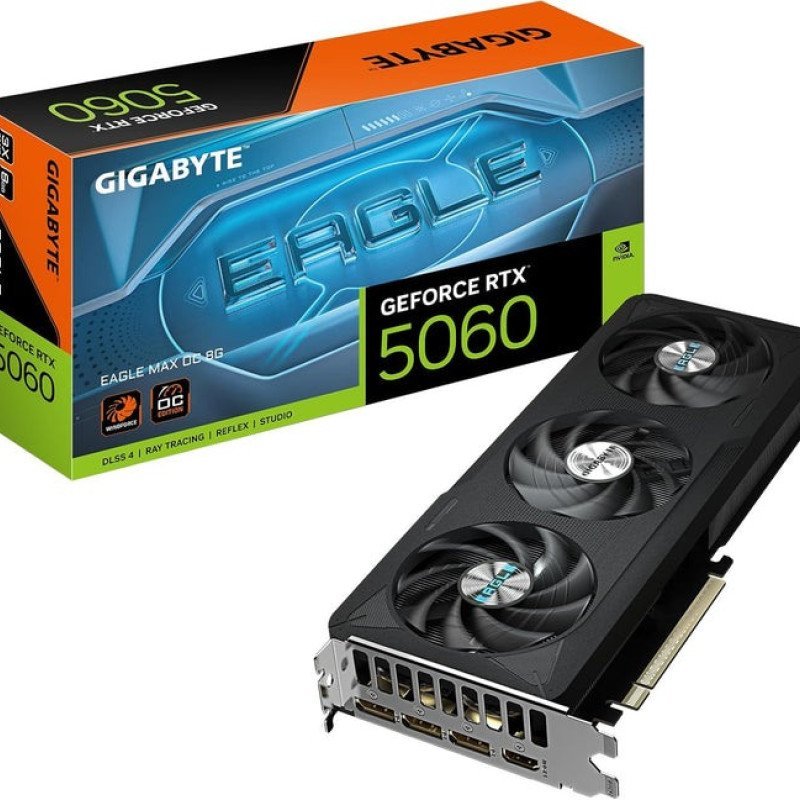 GIGABYTE GeForce RTX 5060 EAGLE MAX OC 8GD – 8 GB GDDR7, 128-bit, PCIe 5.0, 2550 MHz Boost, WINDFORCE Cooling, DisplayPort 2.1b×3 & HDMI 2.1b