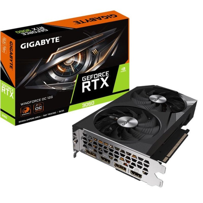Gigabyte GeForce RTX 3060 WINDFORCE OC 12G – 12GB GDDR6, 1792 MHz Boost Clock, PCIe 4.0, WINDFORCE 2X Cooling, 7680x4320 Resolution