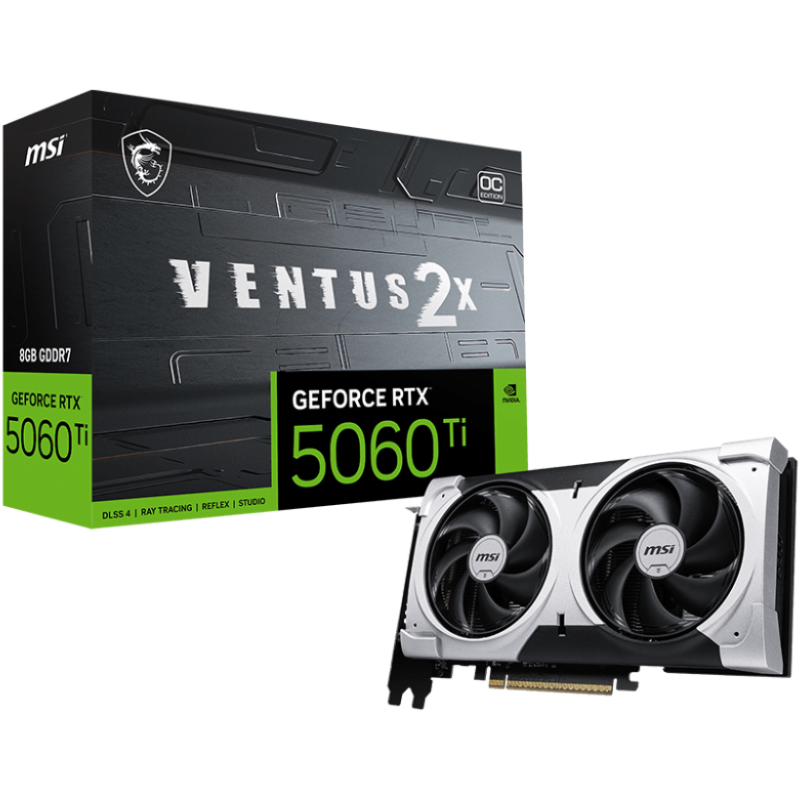 MSI GeForce RTX 5060 Ti 8GB GDDR7 VENTUS 2X OC PLUS GPU – 4608 CUDA, 2600 MHz Boost, PCIe 5.0, DP 2.1b × 3, HDMI 2.1b, Dual‑Fan Stormforce Cooling MSI GeForce RTX 5060 Ti 8GB GDDR7 VENTUS 2X OC PLUS GPU – 4608 CUDA, 2600 MHz Boost, PCIe 5.0, DP 2.1b × 3, HDMI 2.1b, Dual‑Fan Stormforce Cooling